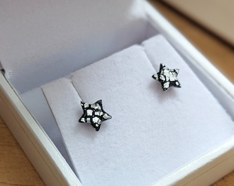 Black and silver star earrings / Dainty stud earrings with hypoallergenic surgical steel posts / Unique handmade Scottish clay jewelry