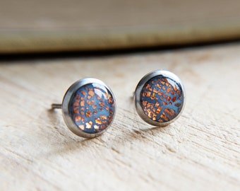 Dusty blue & rose gold stud earrings / Handmade polymer clay and resin studs with 316L surgical steel settings / Jewellery made in Scotland