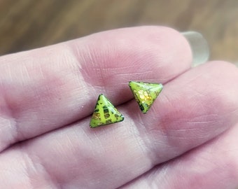 Lime green geometric earrings / Handmade polymer clay and resin triangle studs with hypoallergenic steel posts / Minimalist Scottish jewelry