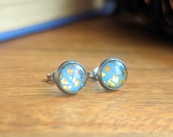 Blue and gold stud earrings / Handmade polymer clay and resin studs with 316L surgical steel settings / Jewellery made in Scotland