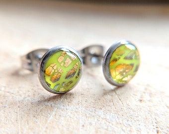 Fun and dainty lime green studs / Handmade clay and resin earrings / Hypoallergenic surgical steel posts / Unique Scottish jewellery gifts