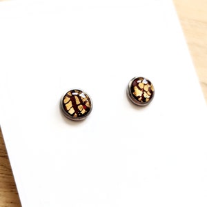 Burgundy and gold stud earrings / 8mm surgical steel studs with unique dark red and gold inlay / Handmade in Scotland / Hypoallergenic posts image 2