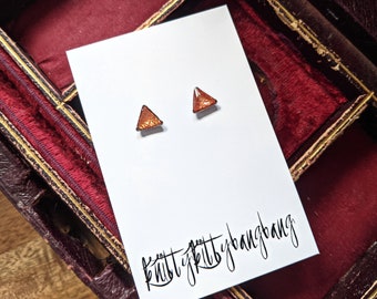 Burnt orange polymer clay and resin set in surgical steel / Dainty handmade earrings flecked with copper leaf / Unusual Scottish jewellery