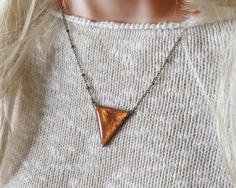 Unique triangle necklace / Burnt orange clay, copper and resin pendant with a hypoallergenic antique gold finish chain / Scottish jewelry