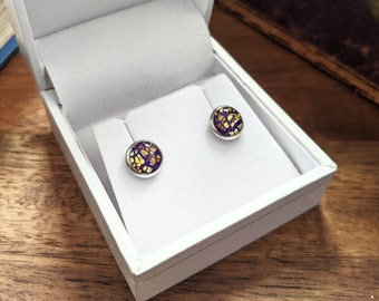 Purple and mixed metal surgical steel studs / Norse folklore inspired polymer clay and resin stud earrings / Unique Scottish jewellery