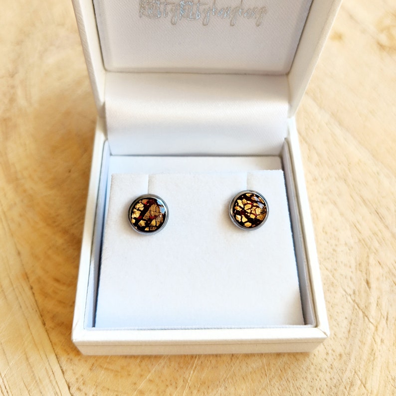 Burgundy and gold stud earrings / 8mm surgical steel studs with unique dark red and gold inlay / Handmade in Scotland / Hypoallergenic posts Studs in jewelry box