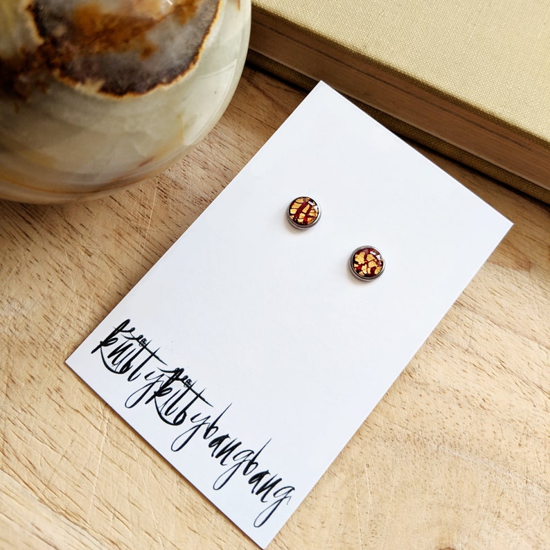 Burgundy and gold stud earrings / 8mm surgical steel studs with unique dark red and gold inlay / Handmade in Scotland / Hypoallergenic posts Studs in bag