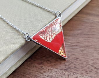 Funky colorful necklace / Red and gold triangle pendant on nickel free silver plated chain / Handmade minimalist jewelry from Scotland