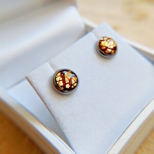 Burgundy and gold stud earrings / 8mm surgical steel studs with unique dark red and gold inlay / Handmade in Scotland / Hypoallergenic posts image 4