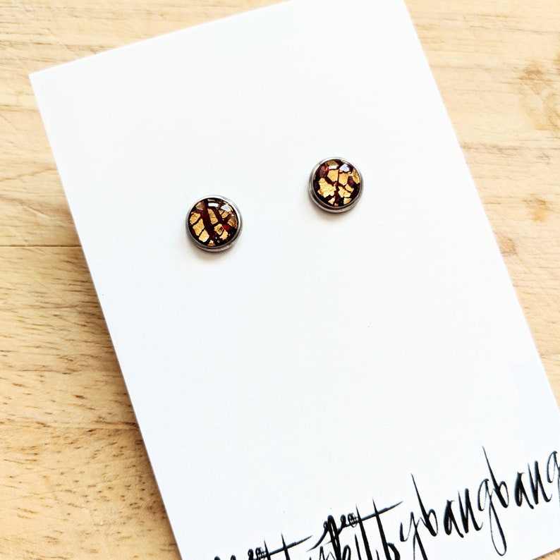 Burgundy and gold stud earrings / 8mm surgical steel studs with unique dark red and gold inlay / Handmade in Scotland / Hypoallergenic posts image 3