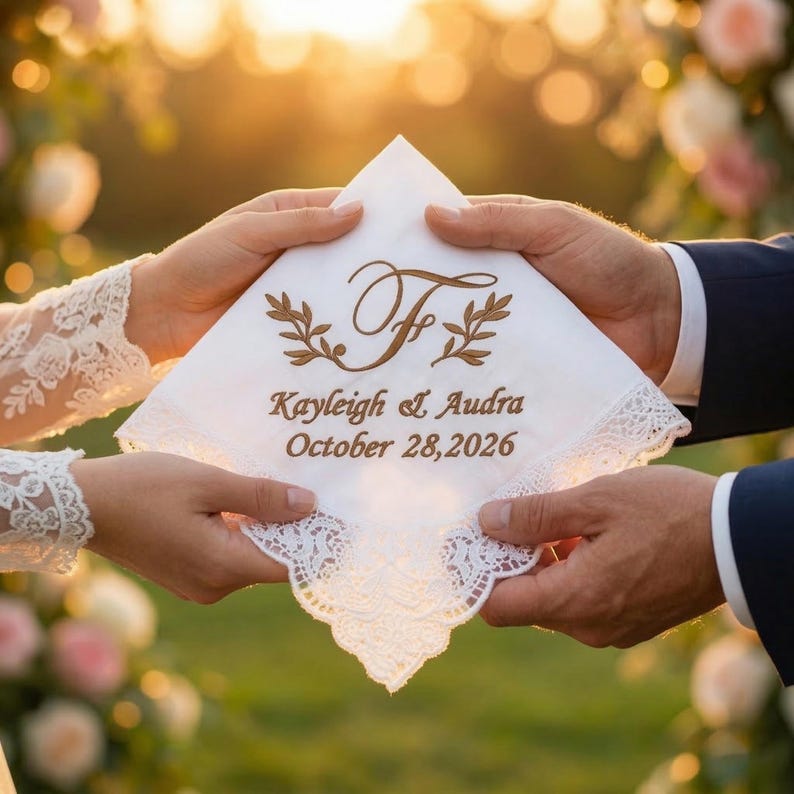 Peut inclure: Mouchoir blanc avec bordure en dentelle, tenu par deux personnes. Il pr&eacute;sente un monogramme avec les initiales "T F", des feuilles d&eacute;coratives et les noms "Kayleigh & Audra" avec la date "October 28, 2026".