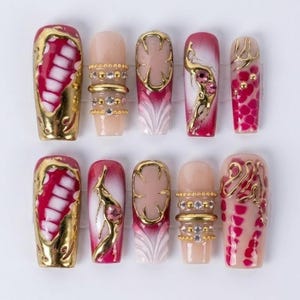 Red Gold Press On Nails | Luxury Abstract Chrome Nail Set | Ruby Rhinestone Glam Handmade Nails