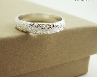 Sterling Silver Band - Silver Stacking Ring - Floral Band - Wedding Ring - Promise Ring - Commitment Ring