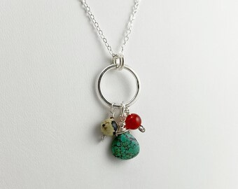 Sterling Silver Necklace with Turquoise and Carnelian Beads | Multi-bead Necklace | Bead Soup Necklace