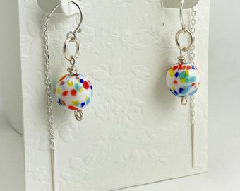 Sterling Silver Confetti Threader Earrings | Ear Threader with U-Bar | Colorful Threaders