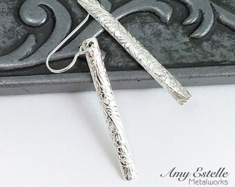 Long Sterling Silver Stick Earrings - Floral Earrings - Silver Dangle Earrings - Eco-friendly Jewelry