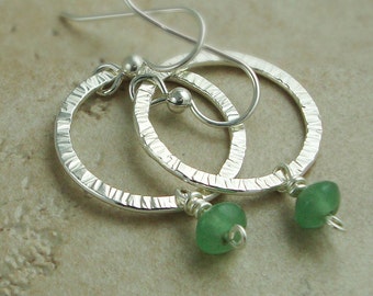 Small Sterling Silver Hoop Earrings - Green Aventurine Gemstone Earrings - Light Earrings