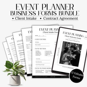 Könnte beinhalten: Ein Bündel von Geschäftsvorlagen für die Eventplanung, einschließlich Vorlagen für Kundenaufnahme und Vertragsvereinbarungen. Die Formulare sind auf weißem Papier mit schwarzem Text gedruckt. Ein Tablet zeigt einen Willkommensleitfaden mit einem Schwarz-Weiß-Foto.
