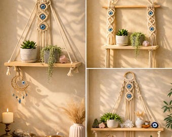 Evil Eye Macrame Hanging Shelf | Boho Wall Shelf | Nordic Plant Display | Witchy Home Decor