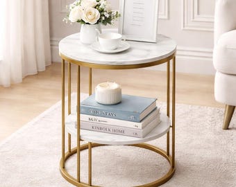 2-Tier Round White Marble Side Table with Gold Frame | Modern Nightstand | Coffee Table with Storage Shelf