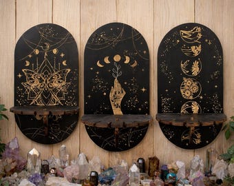 Celestial Crystal Shelf Wall Decor | Boho Witchy Altar Shelf | Moon Sun Wooden Display