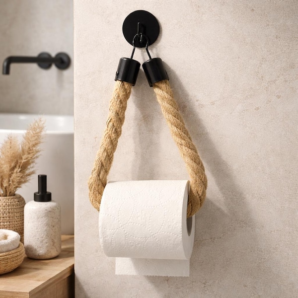 Handmade Natural Rope Toilet Paper Holder • Rustic Bathroom Decor • 3 Mount Style Variations • Jute Rope & Metal / Wood Accent