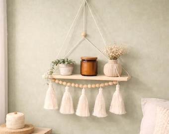 Macrame Hanging Wall Shelf | Boho Floating Shelf | Wooden Plant Display | Nordic Home Decor