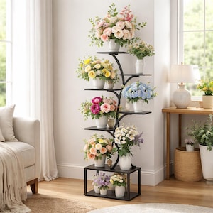 May include: A black metal plant stand with several shelves displaying white vases filled with colourful flowers. The flowers include pink, yellow, blue, and white blooms, creating a vibrant display. The stand is near a window and a beige sofa.