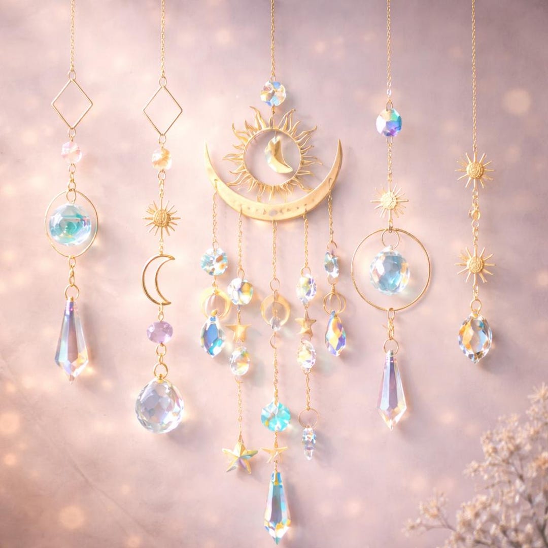 Celestial Sun Moon Crystal Suncatcher Wind Chime, Gold Star Hanging ...