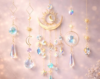 Celestial Sun Moon Crystal Suncatcher Wind Chime, Gold Star Hanging Prism Window Decor, Boho Crystal Pendant for Home, Bedroom or Garden