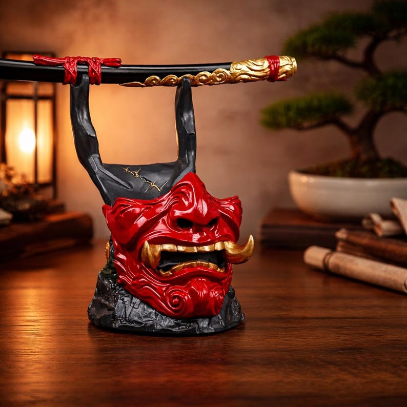 May include: A red and gold Oni mask-shaped sword stand. The stand features a detailed, expressive face with gold accents and a black base. The sword is black with gold detailing. The stand is on a wooden surface.