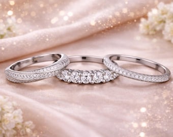 925 Sterling Silver Moissanite Ring Set – 3 Stackable Rings – Eternity Band Set – Wedding & Promise Rings