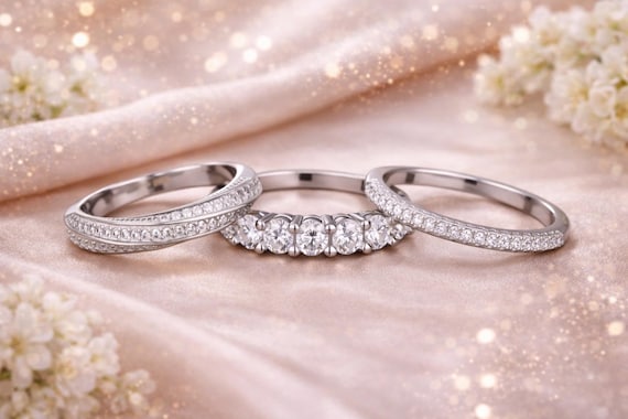 925 Sterling Silver Moissanite Ring Set – 3 Stackable Rings – Eternity Band Set – Wedding & Promise Rings
