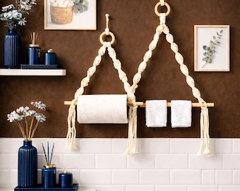 Boho Paper Towel Holder, Macrame Wall Mounted Paper Roll Holder, Wooden Bead Hanging Towel Rack, Minimalist Bathroom Kitchen Decor