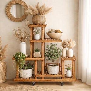 Puede incluir: Un estante de madera para plantas con múltiples niveles, que exhibe varias plantas en macetas, jarrones y objetos decorativos. El estante está sobre ruedas y presenta un acabado de madera natural. Un espejo redondo tejido cuelga en la pared en el fondo.
