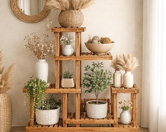 6 Tier Wooden Plant Stand Vertical Indoor Outdoor Flower Pot Holder Rolling Multi Level Display Shelf Decor
