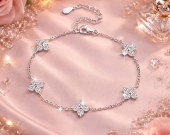 925 Sterling Silver Flower Bracelet, Dainty Crystal Charm Bracelet for Women, Adjustable Silver Chain Jewelry Gift