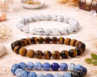 Natural Stone Beaded Bracelet, Stretch Gemstone Bracelet, 6mm 8mm 10mm Beads, Minimal Unisex Jewelry Gift