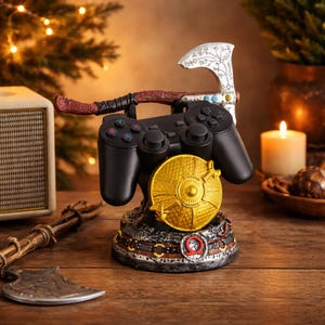 May include: A black video game controller rests on a decorative stand featuring a gold shield and a silver axe. The stand has a detailed design with brown and silver accents, perfect for gamers.
