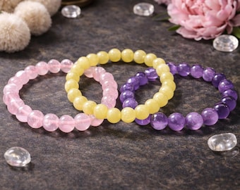 Natural Gemstone Beaded Bracelet – Quartz, Amethyst & Jade | Minimal Crystal Jewelry | Gift for Her or Him