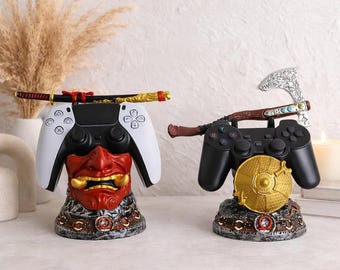 Warrior Devil Face Controller Stand Holder | Gaming Display Shelf for PS5 PS4 Xbox Switch | 2 Styles Sword & Axe Gamepad Rack Decor