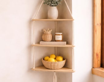 Wooden Corner Hanging Shelf Wall Decor – Boho Floating Storage Shelf for Plants, Bedroom, Bathroom & Living Room