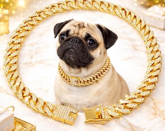 Dog Cuban Chain Collar Diamond Style Metal Pet Necklace Adjustable Luxury Dog Collar for Small Medium Dogs