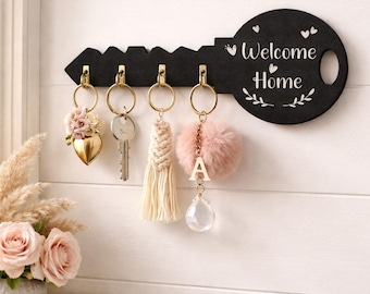 Rustic Welcome Home Key Holder | Wooden Wall Key Rack with Shelf | Country Boho Home Entry Organizer | Housewarming Gift