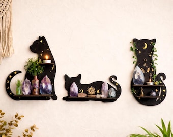 Black Cat Moon Phase Wooden Wall Shelf Witchy Decor Crystal Holder Floating Shelf for Gothic Home Altar Decor