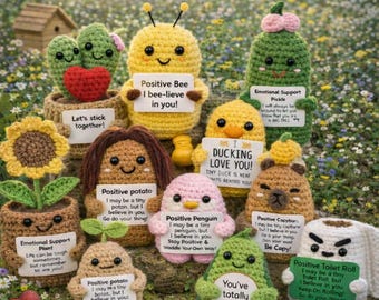 Positive Crochet Plush Emotional Support Gift – Cute Pocket Hug Doll with Affirmation Card, Multiple Designs Available
