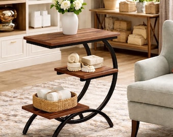 C Shaped End Table with Storage | 3 Tier Sofa Side Table | Modular Couch Table | Modern Bedside Table