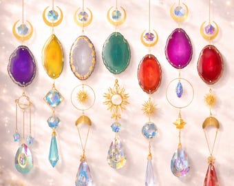Agate Sun Catcher Crystal Wind Chime, Celestial Moon Hanging Window Decor, Handmade Rainbow Prism Wall Hanging for Bedroom or Home