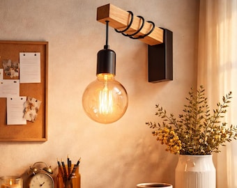Retro Wood Wall Lamp | Industrial Wall Sconce | E27 Wall Light Fixture | Rustic Bedside Wall Lamp | Loft Home Decor Lighting