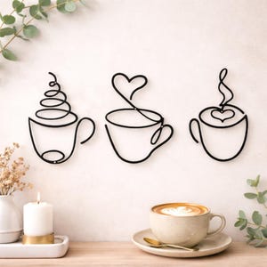 Minimalist Coffee Wall Art Metal Set, Line Art Coffee Cup Decor for Kitchen Café or Coffee Bar, Modern Wall Hanging